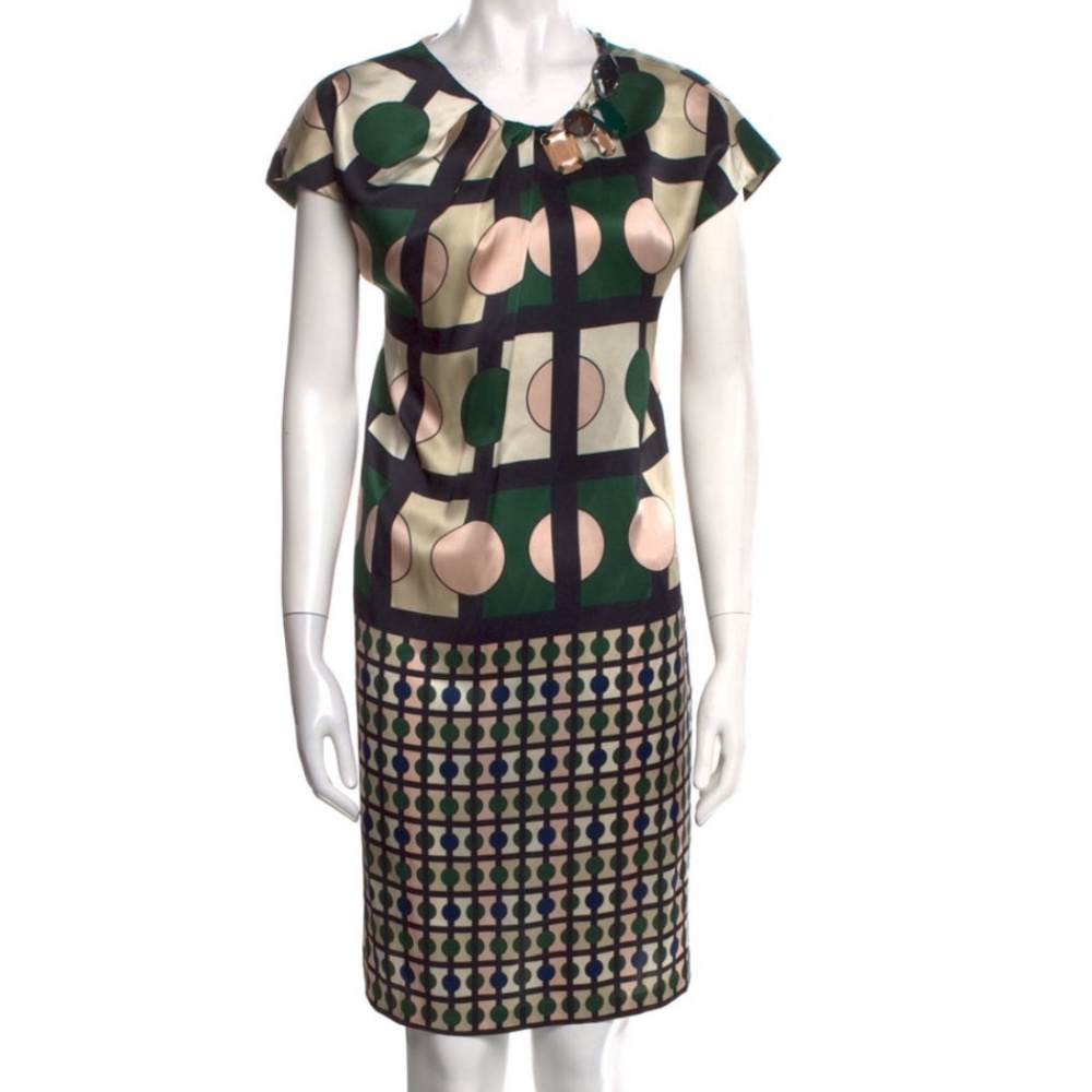 Piazza Sempione Silk Geometric Print Dress w/ Jewel Detail Size IT 44 / US 8–10
